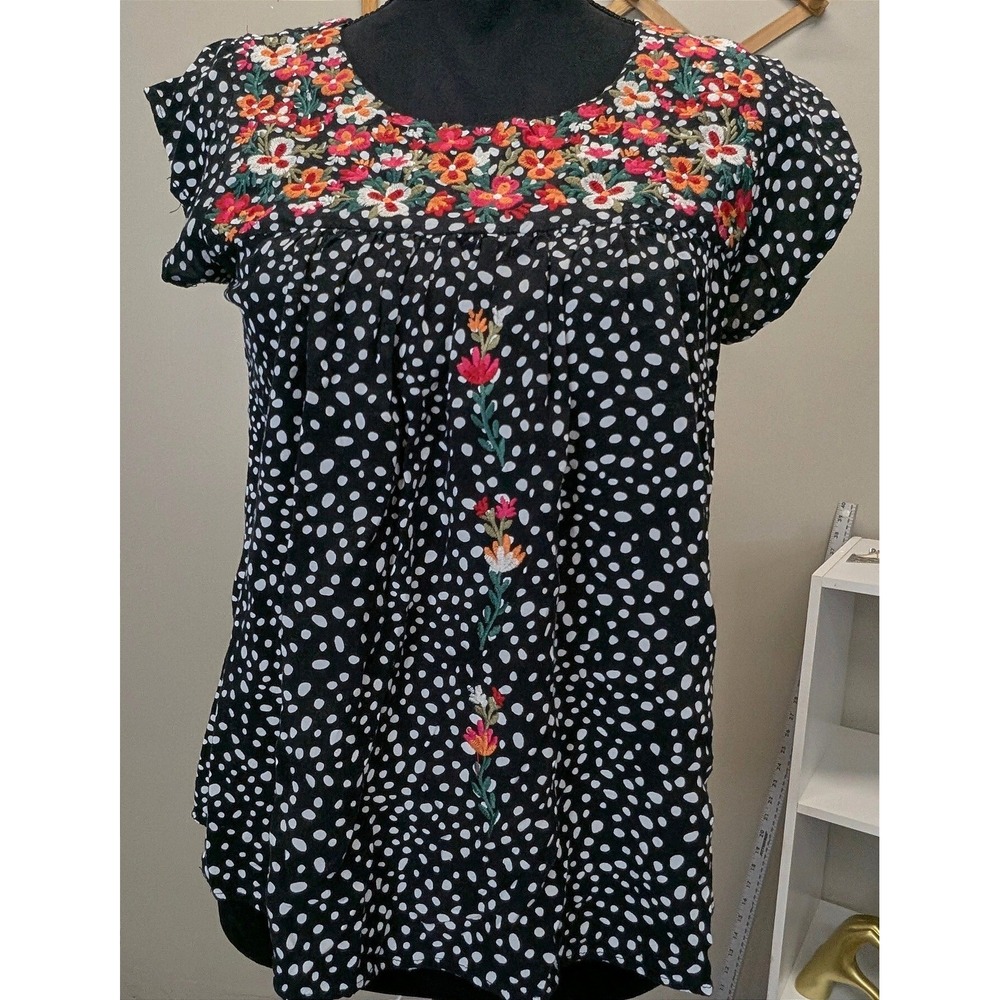 Savanna Jane Embroidered Polka Dot Floral Boho Blouse Black Medium